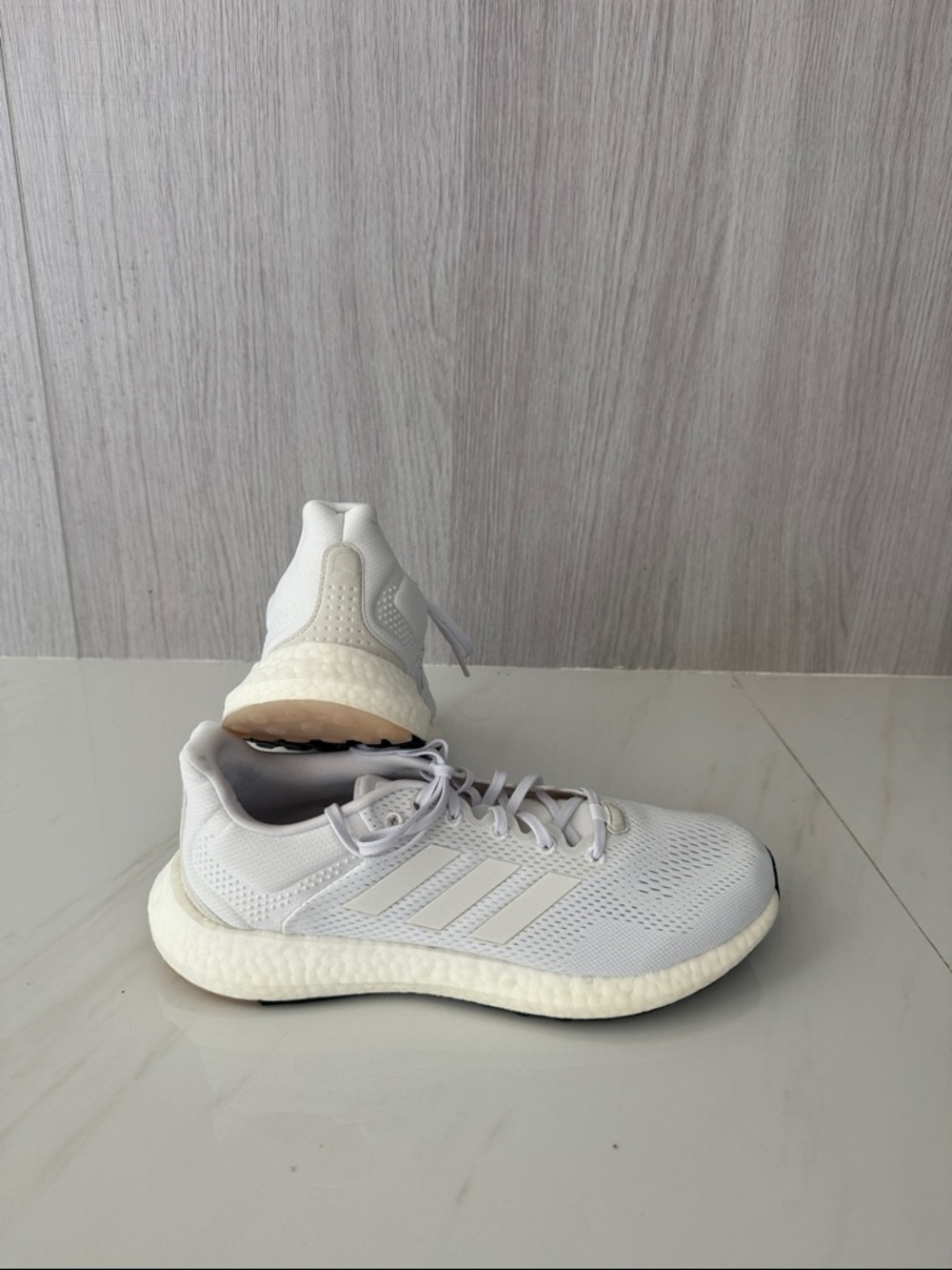 adidas White Knit Running Sneakers with Subtle Three-Stripes